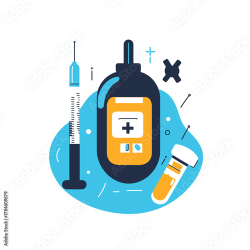 Diabetes blood glucose monitor with lancets syringe and medication vial flat vector illustration for medical health care concept testing and treatment