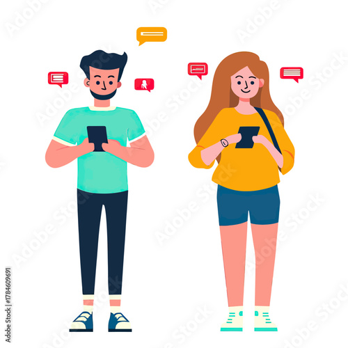 Young man and woman using smartphones with social media chat notifications in flat minimalist vector style communication concept illustration