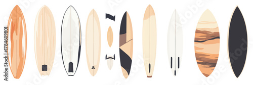 Set of various minimalist flat style surfboards with different shapes, colors, fins, and wood textures isolated on white background for beach and surfing concepts