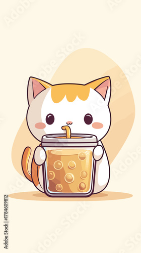 Cute kawaii cat holding and drinking bubble tea with straw kawaii cartoon pet with boba tea in jar minimalist vector illustration