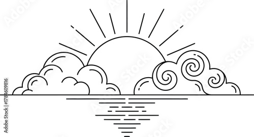 Minimalist sunrise over water line art vector illustration design art eps silhouette