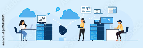 Flat vector illustration of remote team working with cloud computing data servers and digital devices for online business collaboration and technology connection