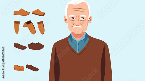 Elderly man with white hair and blue shirt wearing brown sweater flat minimalist vector illustration with brown and tan shoe options on light blue background