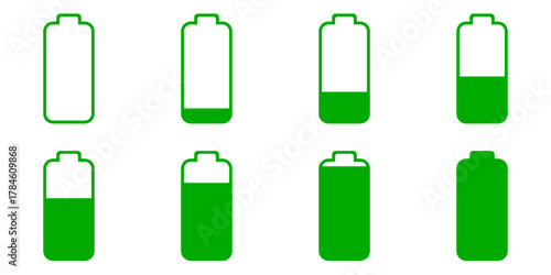 Sprite Sheet of Battery Charging Full or High or Empty Low Battery Power Load Green Green Symbol Sign Icon Set. Vector Image.	