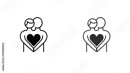 Unified Affection: Simple, minimalist icon depicts two figures embracing, their bodies forming a heart, symbolizing unity, love, and connection.