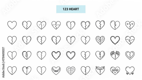 Heart Icons Array: A collection of heart-shaped illustrations showcasing a range of concepts including love, heartbreak, peace and relationship concepts.