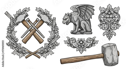Elegant Stone Carving Vector Elements, tool wreath and gargoyle for masonry branding