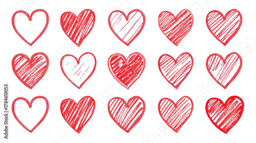 Hearts' Harmony: A delightful assortment of hand-drawn hearts, each a unique expression of love and affection, come together in a vibrant display, evoking feelings of warmth and tenderness.