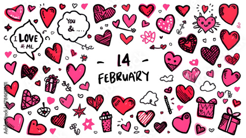 Valentine's Day Doodle: A colorful and romantic doodle design perfect for celebrating love and affection, featuring hearts, speech bubbles, gifts, and the date February 14th.