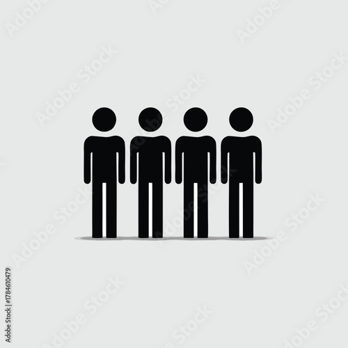 A minimalist graphic illustration of four black stick figures standing in a row against a light gray background.