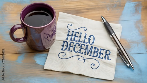 A mug of coffee and a napkin with hello december written on it