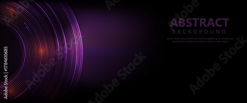 Purple empty scene with blue line neon lamps on background and pink digital podium with hologram of digital rings in dark room