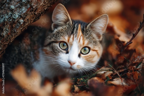 Bright-eyed cat exploring a bed of colorful autumn leaves in a serene outdoor setting surrounded by nature