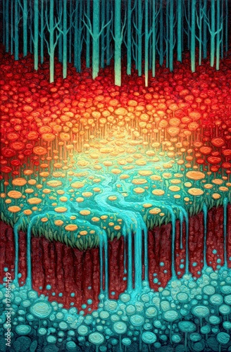 Vibrant acrylic painting of blue and red flowers surrounded by hanging green vines on a dark background