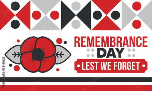 Remembrance Day. Lest we Forget. Remembrance poppy. Poppy day. Memorial day observed in Commonwealth member states to honour armed forces members who have died in the line of duty. Red poppy. Vector