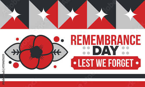 Remembrance Day. Lest we Forget. Remembrance poppy. Poppy day. Memorial day observed in Commonwealth member states to honour armed forces members who have died in the line of duty. Red poppy. Vector