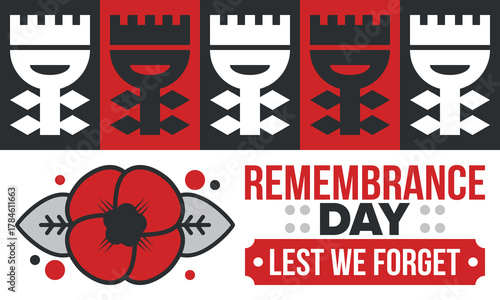 Remembrance Day. Lest we Forget. Remembrance poppy. Poppy day. Memorial day observed in Commonwealth member states to honour armed forces members who have died in the line of duty. Red poppy. Vector