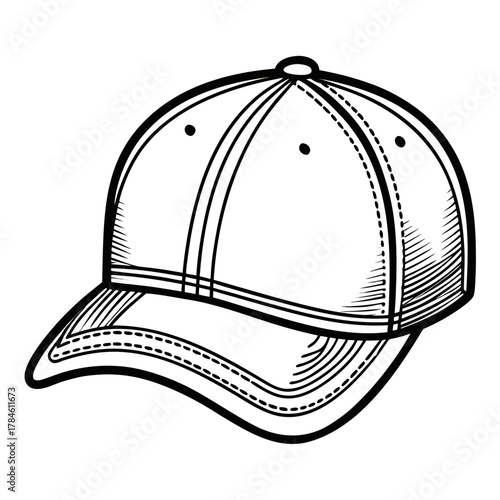 A simple, graphic illustration of a baseball cap in black ink on a white background. Features classic cap construction.