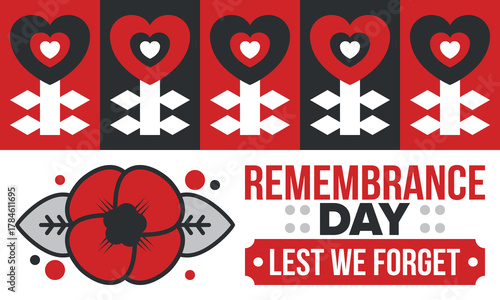 Remembrance Day. Lest we Forget. Remembrance poppy. Poppy day. Memorial day observed in Commonwealth member states to honour armed forces members who have died in the line of duty. Red poppy. Vector