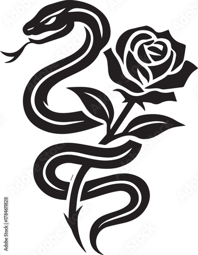 Tribal tattoo design of a snake with rose representing temptation and rebirth.
