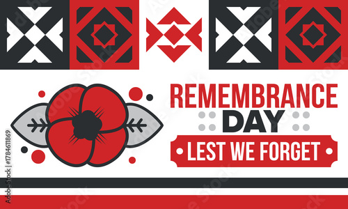 Remembrance Day. Lest we Forget. Remembrance poppy. Poppy day. Memorial day observed in Commonwealth member states to honour armed forces members who have died in the line of duty. Red poppy. Vector