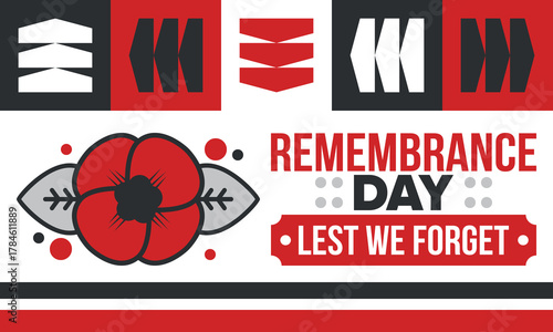 Remembrance Day. Lest we Forget. Remembrance poppy. Poppy day. Memorial day observed in Commonwealth member states to honour armed forces members who have died in the line of duty. Red poppy. Vector