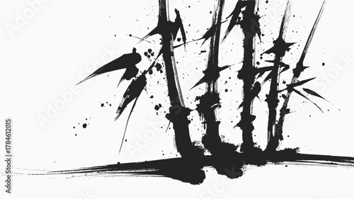 Japanese sumi-e bamboo ink illustration with expressive brushwork and artistic splatter effect on white background