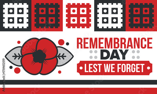 Remembrance Day. Lest we Forget. Remembrance poppy. Poppy day. Memorial day observed in Commonwealth member states to honour armed forces members who have died in the line of duty. Red poppy. Vector