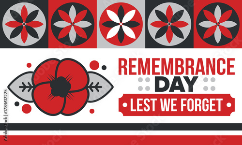 Remembrance Day. Lest we Forget. Remembrance poppy. Poppy day. Memorial day observed in Commonwealth member states to honour armed forces members who have died in the line of duty. Red poppy. Vector