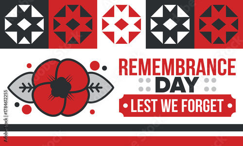 Remembrance Day. Lest we Forget. Remembrance poppy. Poppy day. Memorial day observed in Commonwealth member states to honour armed forces members who have died in the line of duty. Red poppy. Vector
