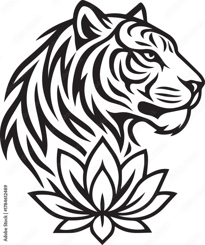 Obraz premium Tribal tattoo design of a tiger with lotus symbolizing strength and spiritual power.