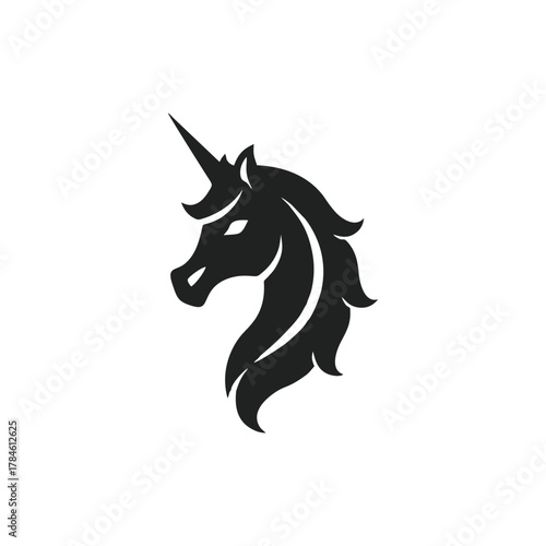 Black silhouette of a unicorn head with a long horn and flowing mane, elegant and mythical.