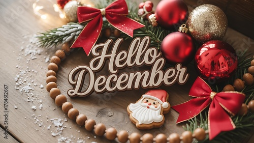Hello december festive wreath with santa cookie and red ornaments