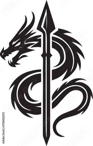 Tribal tattoo design of a dragon with spear representing courage and unstoppable force.