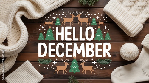 Hello december text with festive deers and trees on wooden background