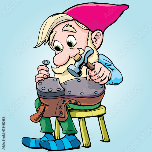 dwarf shoemaker holds a hammer in his hand and repairs a shoe