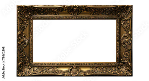 Ornate antique gold picture frame isolated on transparent background
