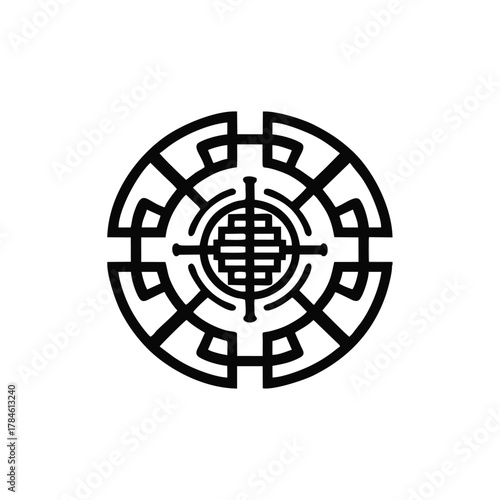 Black circular geometric symbol with an intricate, symmetrical Asian-style pattern on a white background.