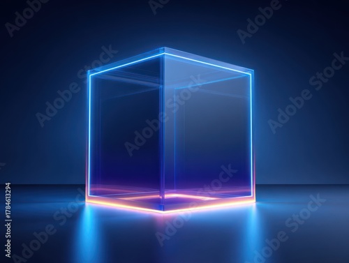 a  geometric frame background with deep blue gradient tones and glowing neon light edges