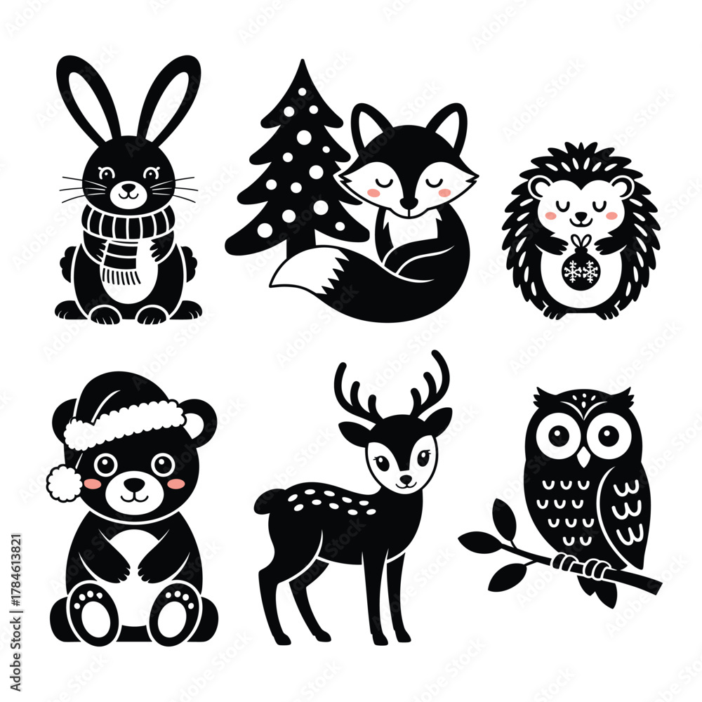 Naklejka premium Cute Winter Animal Silhouette Bundle