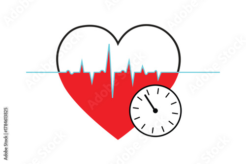 Heartbeat pulse with heart and monitoring measuring instrument. Cardiology equipment used to check vital signs vector flat design concept.