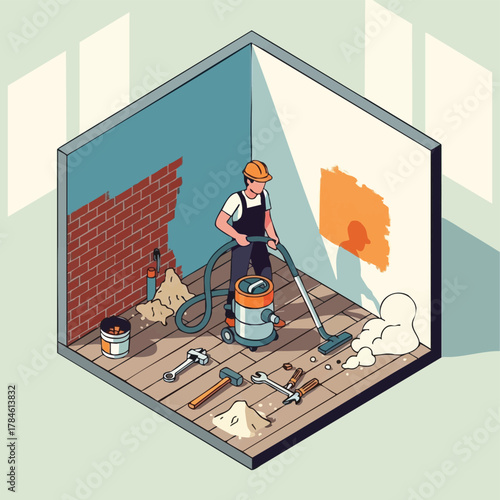 A construction worker uses a vacuum cleaner to clean up debris and dust during the renovation of a room with exposed brick and damaged walls.