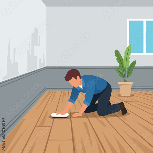 A man cleans a wooden floor with a mop in a simple room, maintaining cleanliness and hygiene in his home environment.