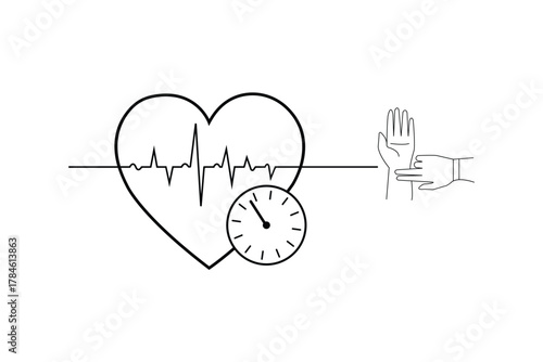 Heart rate check vector concept of pulse and clock with wrist blood pressure. Medical health rhythm exam time measurement. Doctor cardiology.