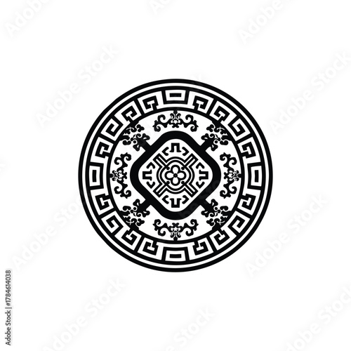 A black and white circular medallion with an intricate traditional Asian geometric pattern and a meander border.