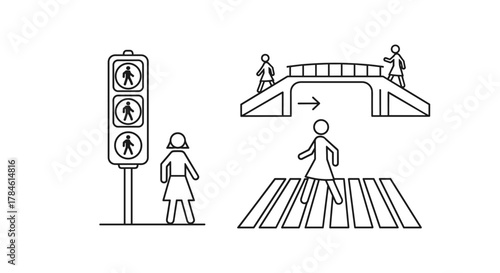 Set of minimalist line art icons representing pedestrian traffic management: a traffic light with pedestrian signals, a pedestrian bridge with an arrow indicating direction, a person crossing a zebra