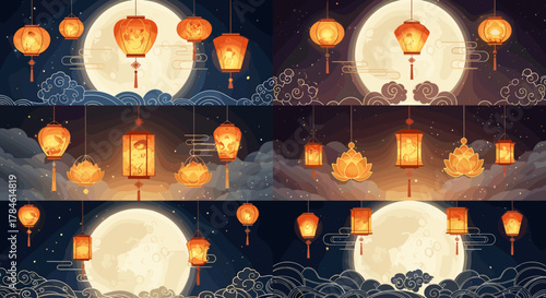 Vibrant Mid-Autumn Festival illustrations featuring traditional oriental lanterns, glowing lotus flowers, and a full moon against a gradient night sky with swirling clouds and distant mountains