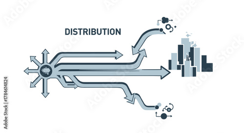 Abstract graphic illustration of a distribution network, showing arrows originating from a central point and branching out towards a cityscape and smaller nodes, symbolizing logistics, supply chain