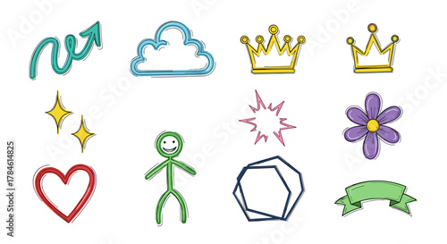 Collection of hand-drawn doodle icons featuring a vibrant teal arrow pointing upwards, a fluffy blue cloud, two golden crowns, yellow star sparkles, a purple flower with a yellow center, a red heart
