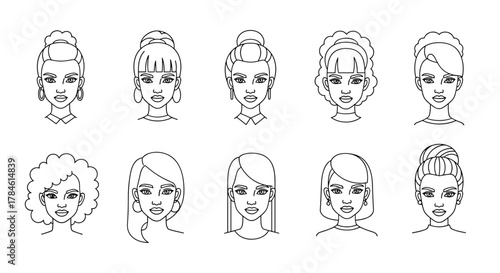 Collection of diverse female faces in a clean, minimalist line art style, showcasing various hairstyles and expressions, perfect for beauty, fashion, or lifestyle graphics. This vector illustration